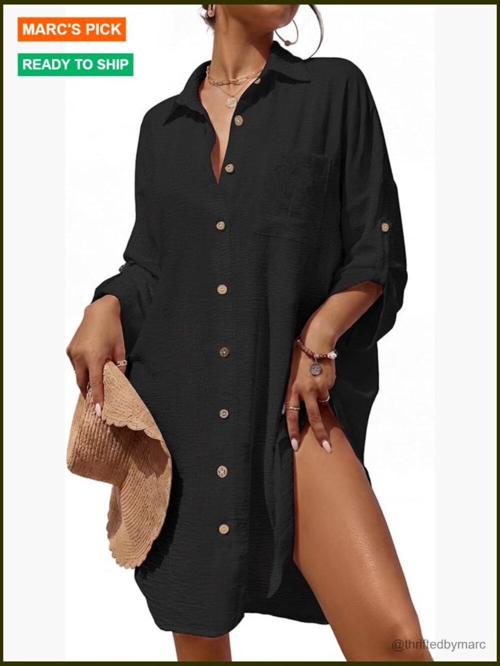 Button Down Coverup Dress with Palm Embroidery